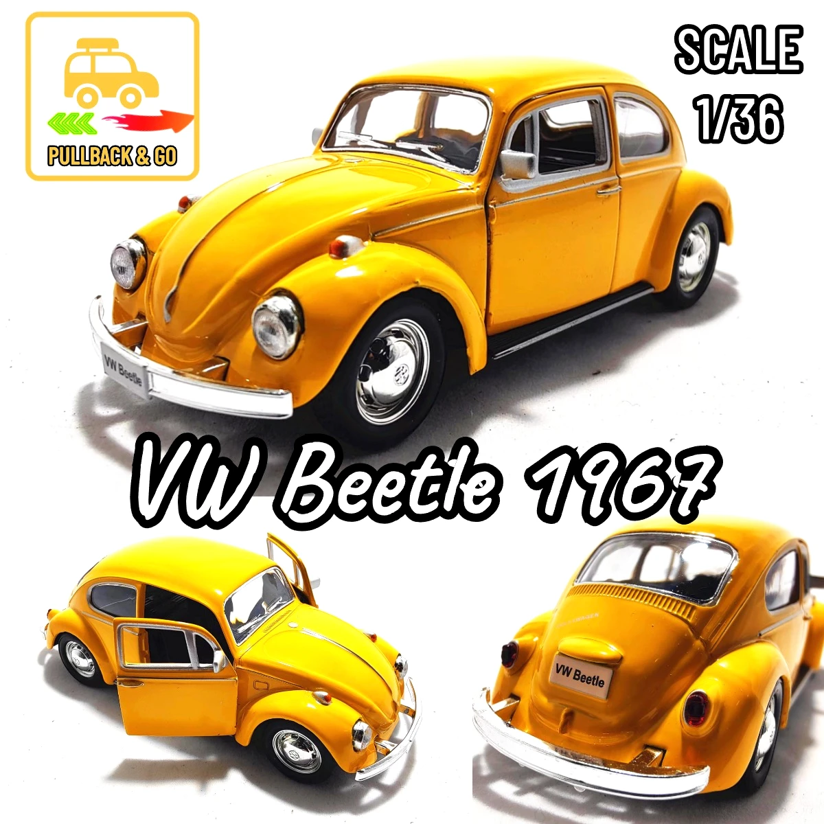 VW Beetle 1967 1:36 Scale with Acrylic Case, Pullback Toy Car Model Diecast Vehicle Replica Xmas Gift Kid Boy Toy