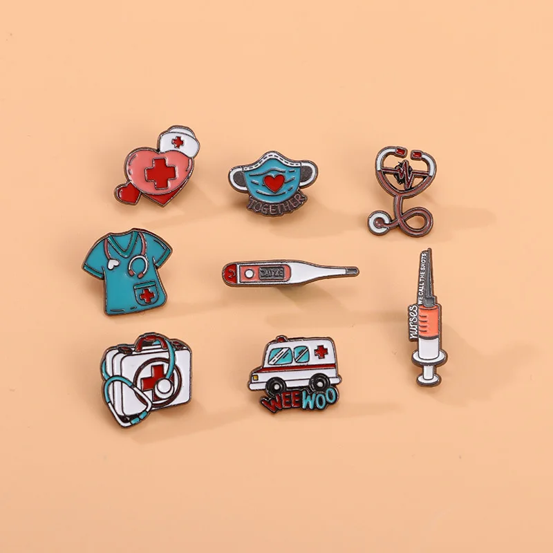 Weewoo Ambulance Metal Enamel Brooch Medical Stethoscope Syringe First Aid Kit Badge Cute Cartoon Doctor Nurse Jewelry Gifts