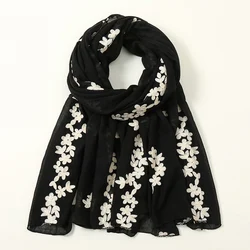 Elegant Embroidery Floral Scarf Shawls Muslim Woman Hijab Lady Viscose Shawl Soft Solid Color Long Wraps Casual Stole Headband