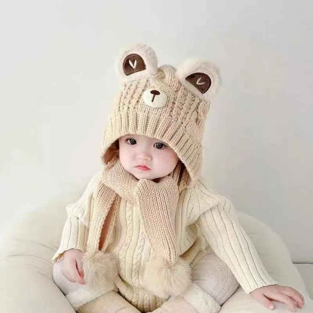 

New Cute Bear Pullover Cap Windproof Coldproof Ear Protection Hat Warm Pompom Beanie Hat 2-9Y