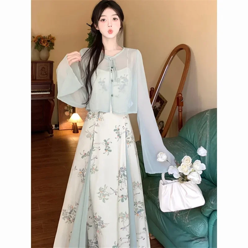 

Spring Autumn Ladies Cardigan Floral Maxi Dress 2PCS Korean Women Fashion Long Dresses Female High End Printing Patchwork Dress