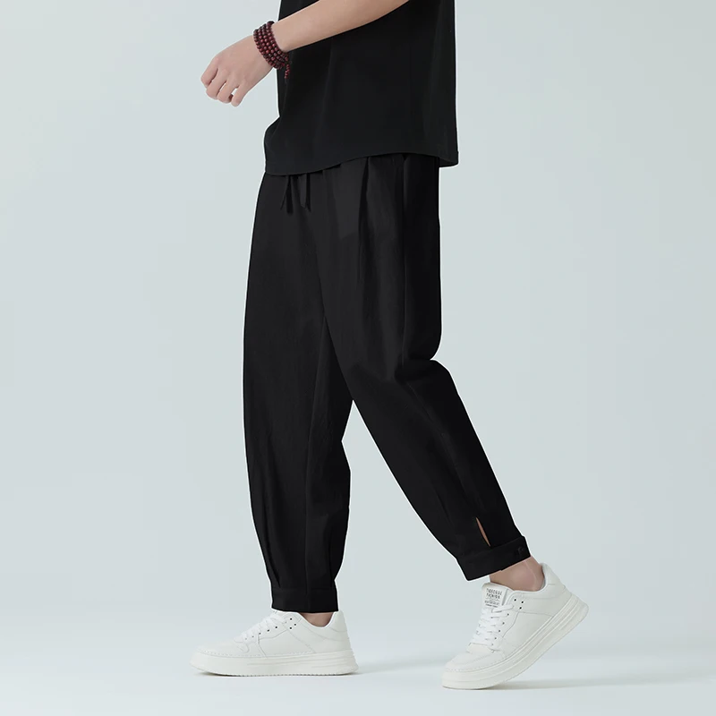 Chinese Style 100% Cotton Casual Pants Men's Straight Loose Sweatpants Spring Summer Retro Button cuffs Harajuku Harem Pants