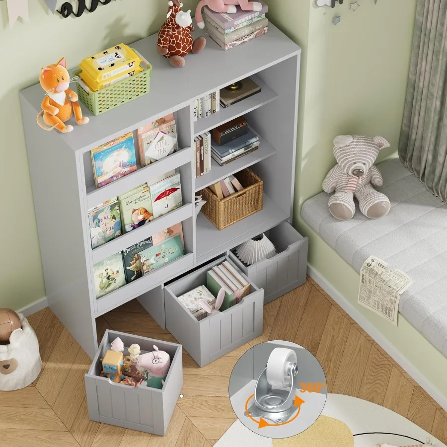 FOTOSOK Organisateur de rangement pour jouets avec étagère coulissante pour salle de jeux et chambre à coucher, 3 tiroirs mobiles et 6 compartiments de rangement jusqu'à Maxim