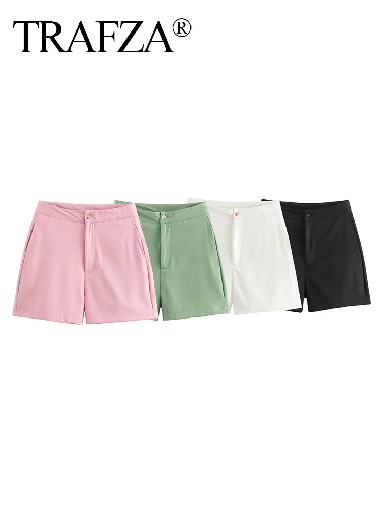 

TRAFZA Women Summer Popular Solid Zipper Mini Shorts Female Chic Elegant High Waist Side Pockets Decorate Street 4 Color Shorts