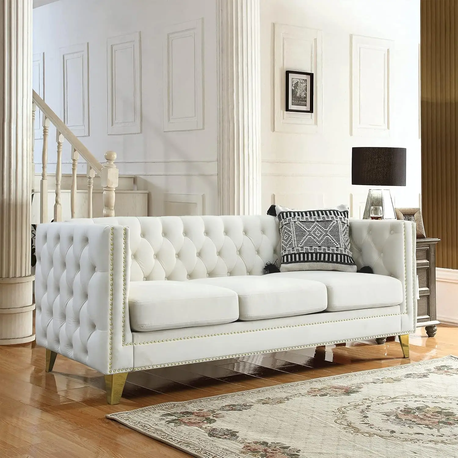 80-inch Button Tufted 3-Seater Sofa W/Square Arm, Golden Metal Legs & Nail Heads For Living Room Office Apartment, Customized
