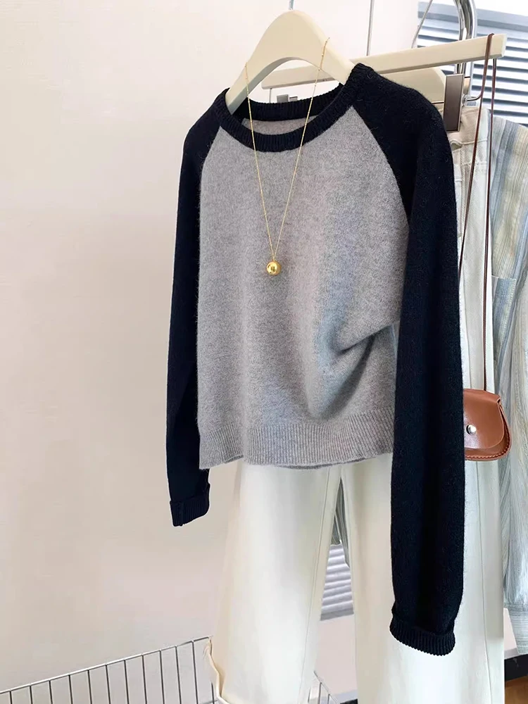 Suave casual feminino manga comprida com o pescoço, suéteres para outono e inverno, malhas Harajuku Tops, suéter retrô