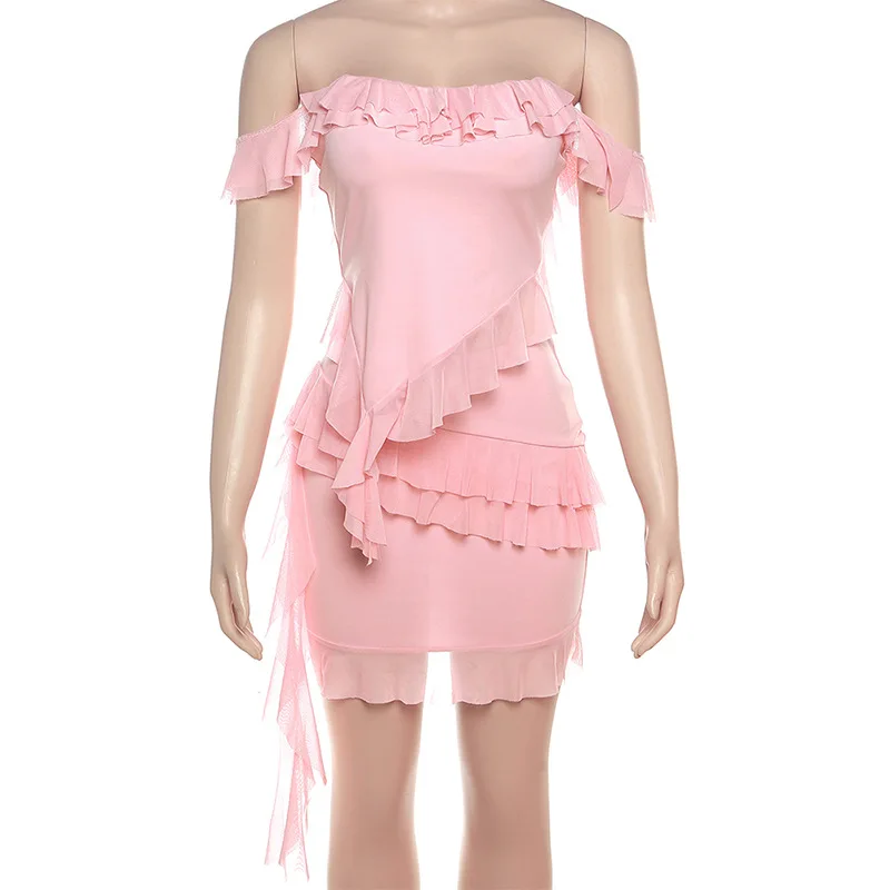 Cute Pink 2025 Summer New Women's Clothing Sexy One-word Collar Fungus Edge T-shirt Slim-fit Hip Skirt Set