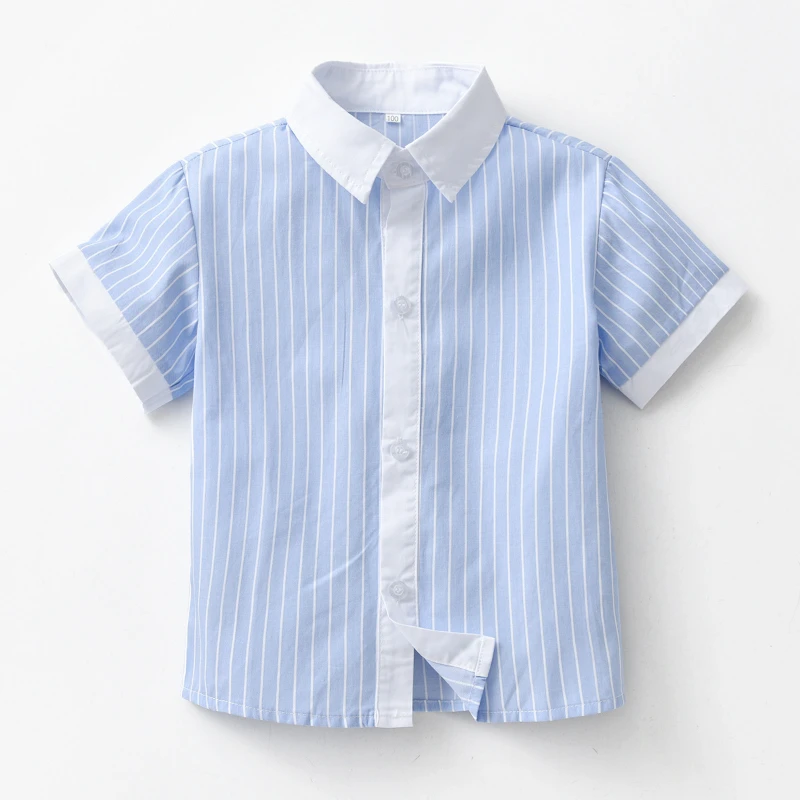 

Summer Boys Light Blue Striped Short Sleeved Shirt ins 2025 Children's Lapel Patchwork Casual Buttons Cardigan Formal Shirts
