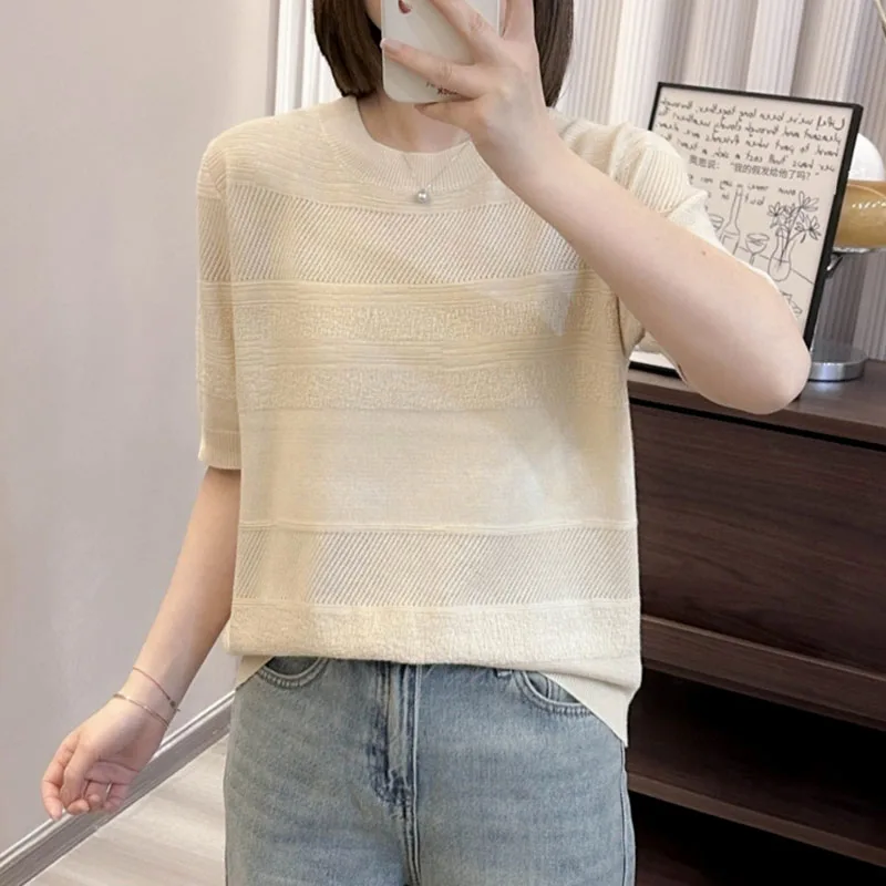 

Knitted Sweater Women Pullovers New Short Sleeve O-Neck Solid Hollow Out Knit Sweater Pullover Women Tops Sueters De Mujer Q1259