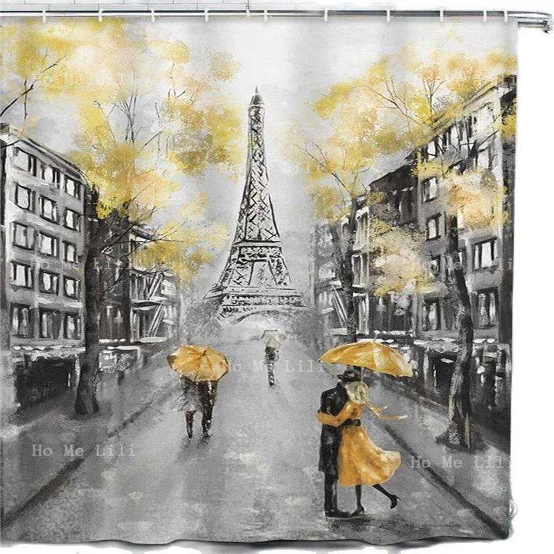 Shower Curtain Oil Painting Paris European City Landscape France Eiffel Tower Black White And Yellow Modern Couple With Hooks