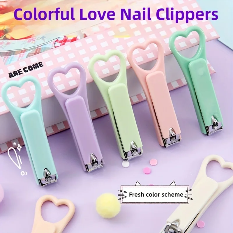 7 szt. Kolorowe obcinaczki do paznokci w kształcie serca - Różne pastelowe kolory: różowy, żółty, zielony, niebieski, fioletowy. Przenośne narzędzie do pielęgnacji paznokci.
