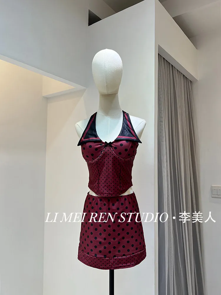 New Polka collar hanging neck skirt style split swimsuit for women