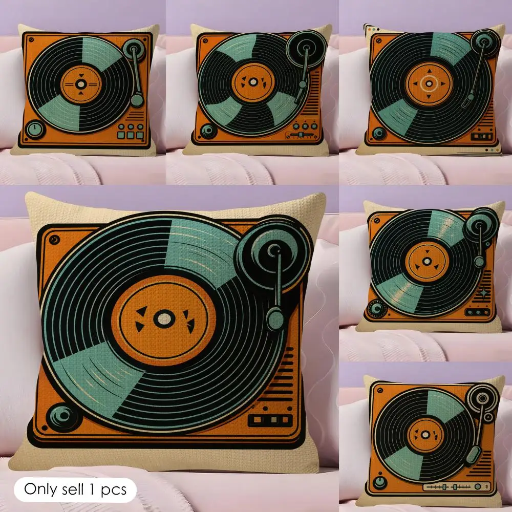 Vintage record player Cushion Cover Natural Linen Pillow Case Double-Sided Print Decorative Sofa Pillowcase Home Decor Gift