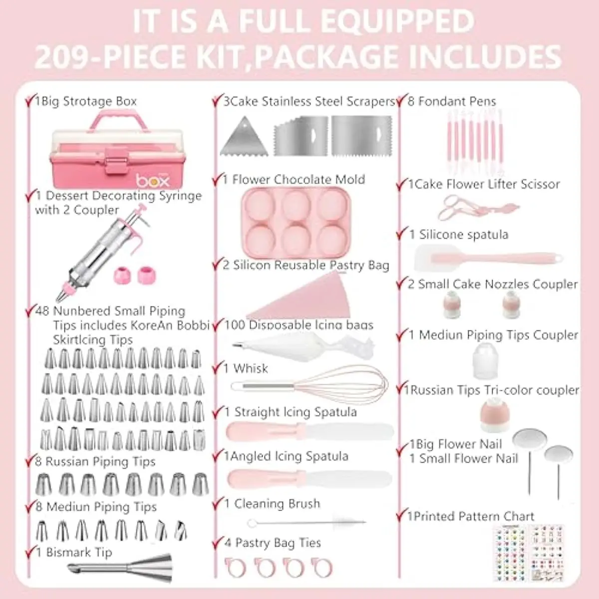 209-Piece Pink Stainless Steel Cake Decorating Set with 3-Tier Storage Case, 48 Numbered Piping Tips including Grass & Korean St
