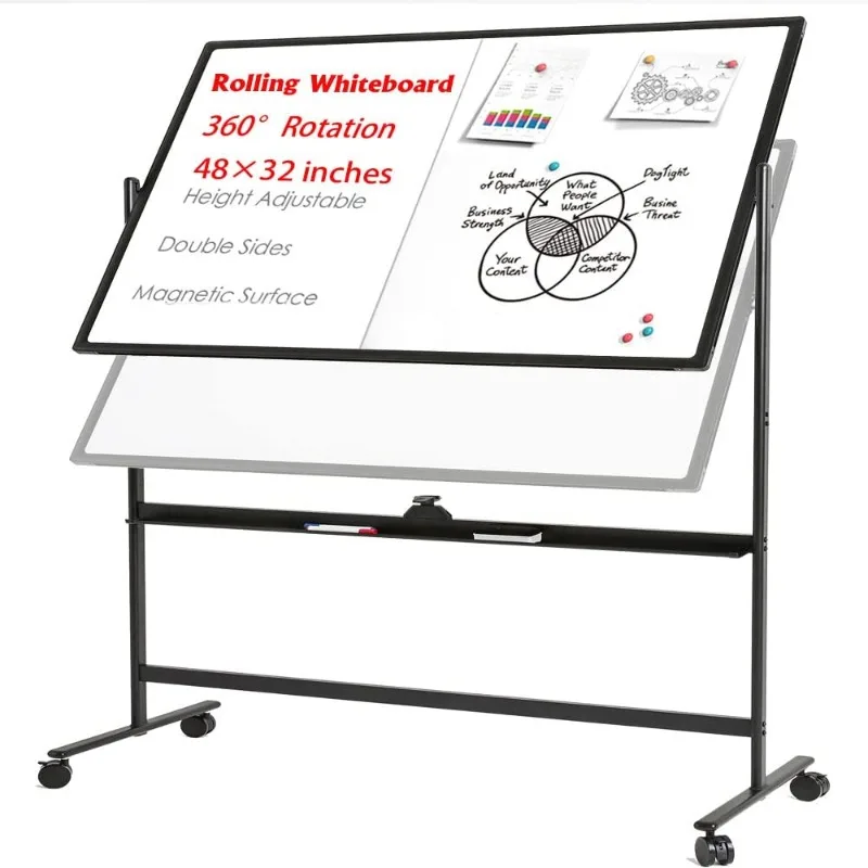 

Большая Мобильная доска для сухой стирания, Двухсторонняя доска с регулировкой высоты 48 × 32 дюйма, подставка с алюминиевой рамой