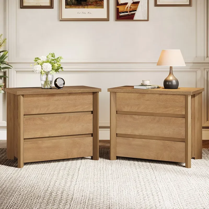 3-Drawer Multifunctional Nightstand Wooden Farmhouse Bedside Table for Apartment Bedroom Large Wide Nightstand