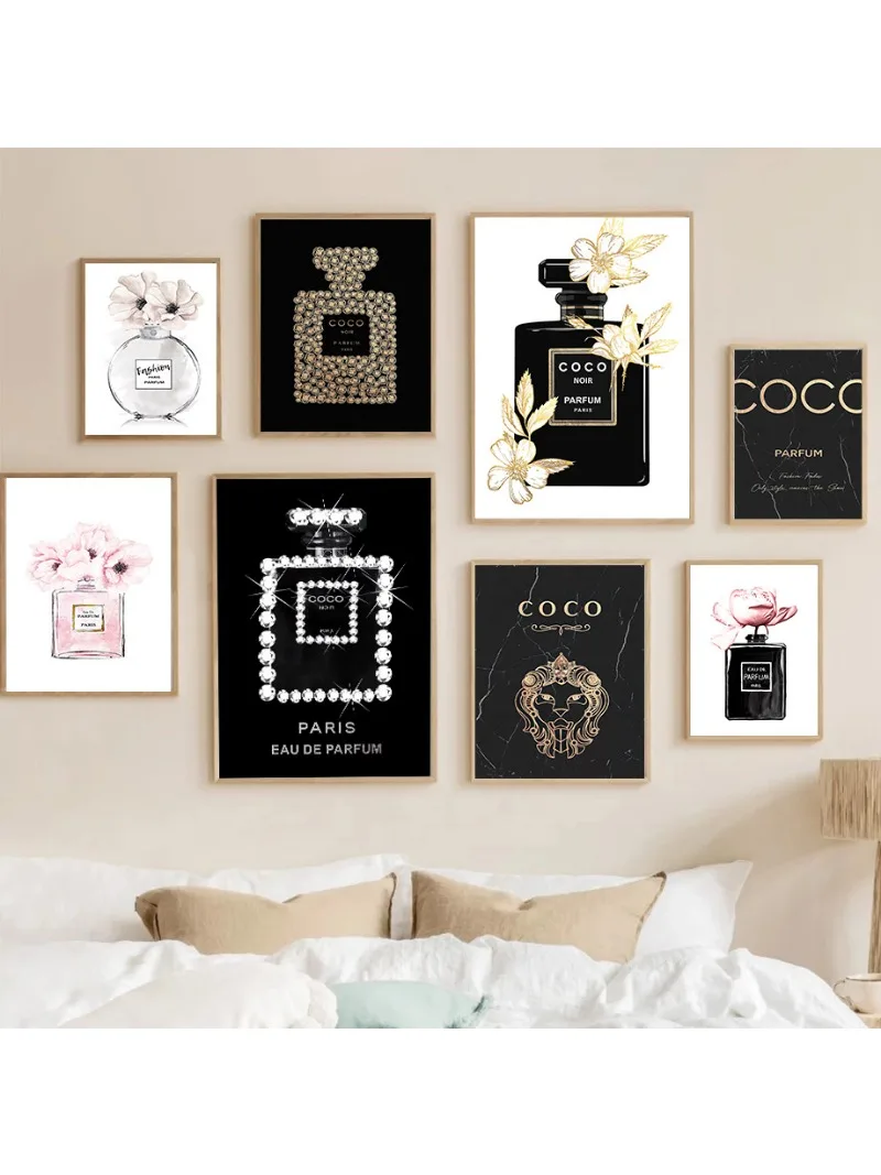 Bouteille de parfum Coco de luxe, peinture sur toile, affiche de fleur nordique imprimée, image murale, décor de chambre de fille moderne, Quadro Cuadros
