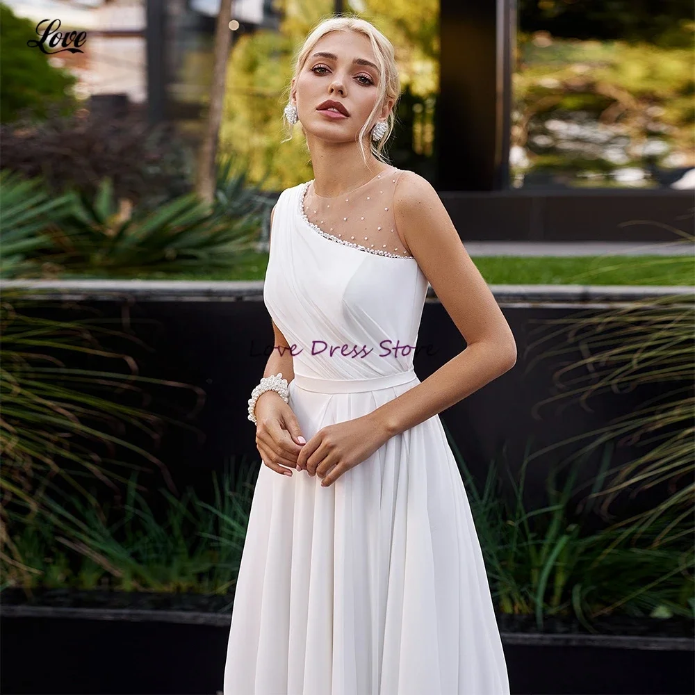 

Boho Wedding Dress Customized Illusion One Shoulder Crystal Ladies Chiffon Beach Bridal Gowns A Line Zipper Back Bridal Dress