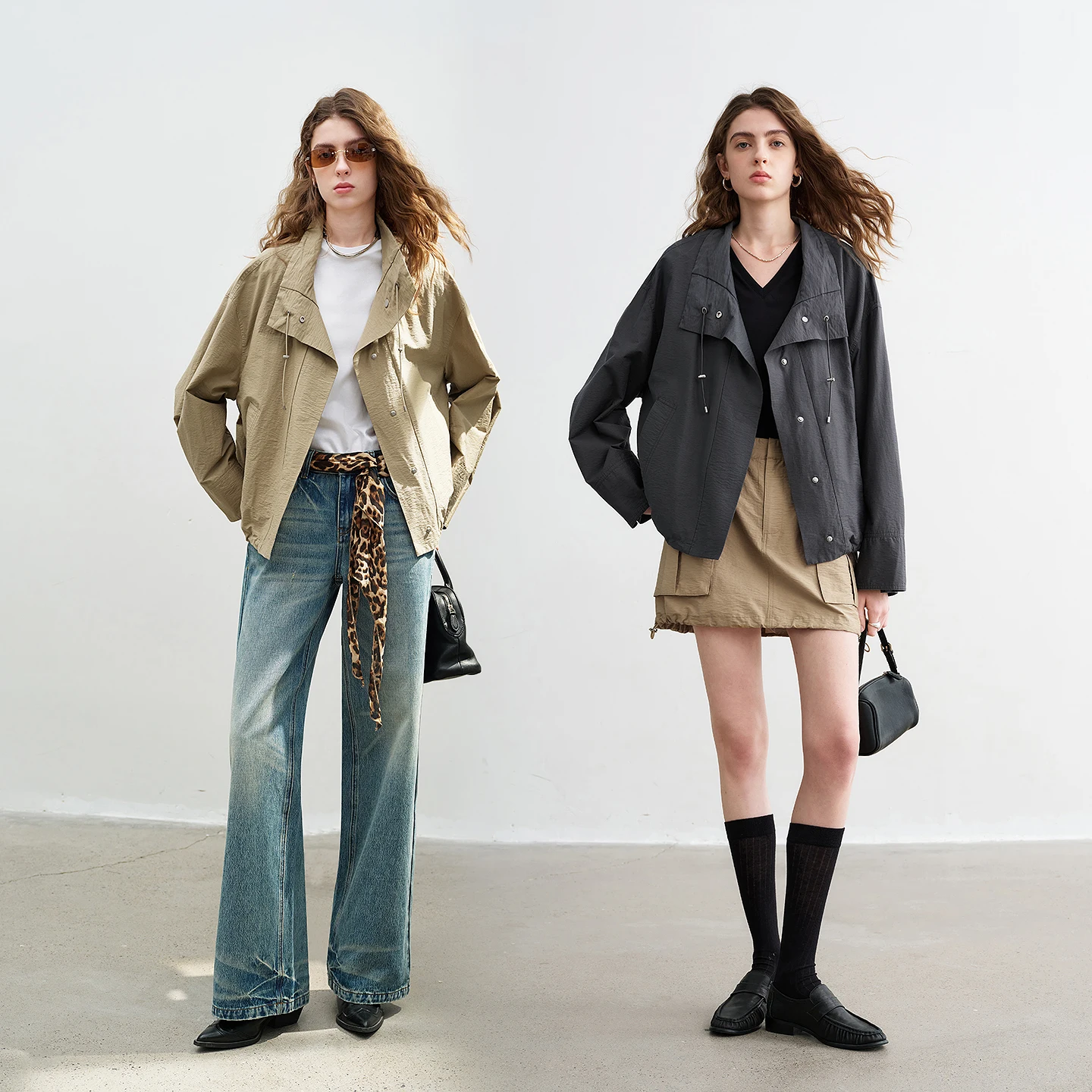 Women's Wrinkle-Textured Utility Jacket - Stand Collar Loose Fit