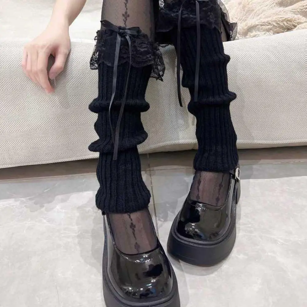 일본 Y2K 로리타 소녀 레이스 리본 레그 워머 여성 JK Y2K 고딕 니트 롱삭스 하라주쿠 부티삭스 따뜻한 힙삭스