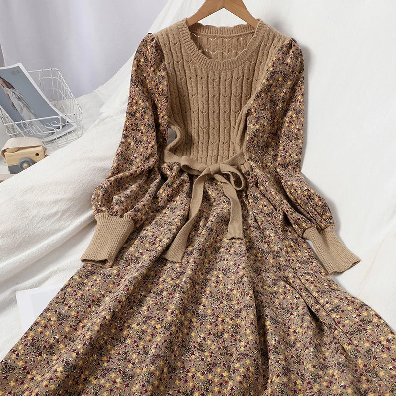 Spring Autumn New Slim Knitted Long Dress Joker Corduroy Women's Floral Dress Age-reducing Splicing Bands Female Casual Fashion