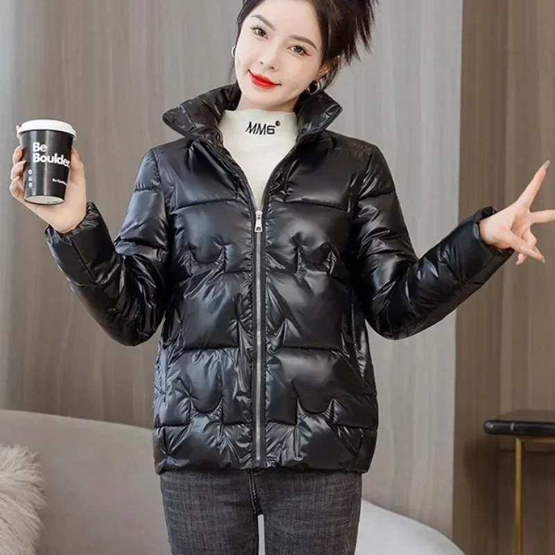 Parkas เสื้อโค้ทครอปหนาผู้หญิง, เสื้อครอปหนาอบอุ่นคอตั้งสไตล์เกาหลีเสื้อคลุมบางเฉียบ