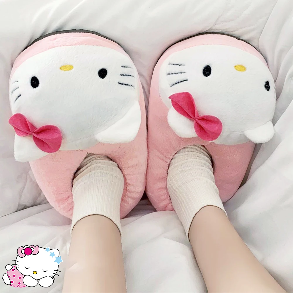 Kawaii Women Plush Cotton Shoes Y2K Hello Kitty Big Head Sanrios Anime Kt Cute Cat Thicken Home Slippers Winter Warm Indoor Cute