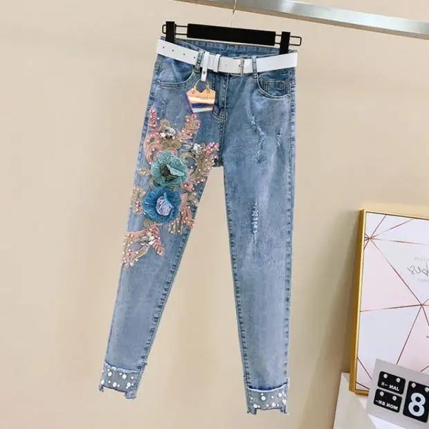 Spodnie damskie Jeans and Capris Beading Blue High Waist Shot Skinny Pants dla kobiet Slim Fit Pipe Cropped Size X Larg na wyprzedaży A