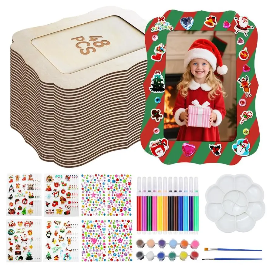 

Упаковка рождественской фоторамки для поделок, деревянная фоторамка своими руками 4x6, набор для рисования с 16 рождественскими наклейками из пенопласта, 4 бриллиантовых накладок