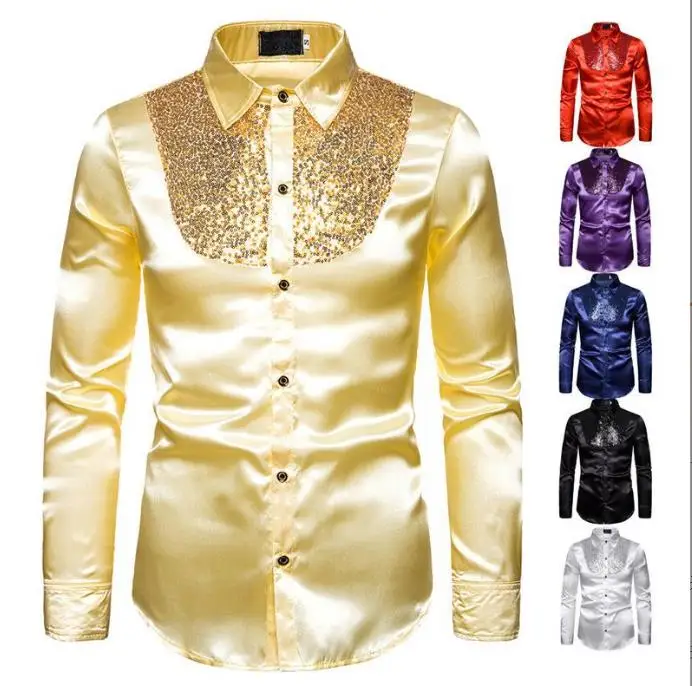 Men Dress Blouses Stage Performance Tops Plus Size Sequin Long Sleeves T shirts Autumn Winter 2XL