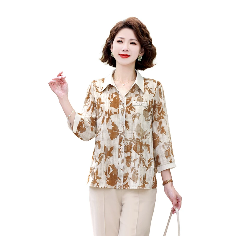 

Spring summer Turn-down Collar Women's Chiffon Button Three Quarter Sleeve Flowers Printing Shirt Casual Elegant Tops