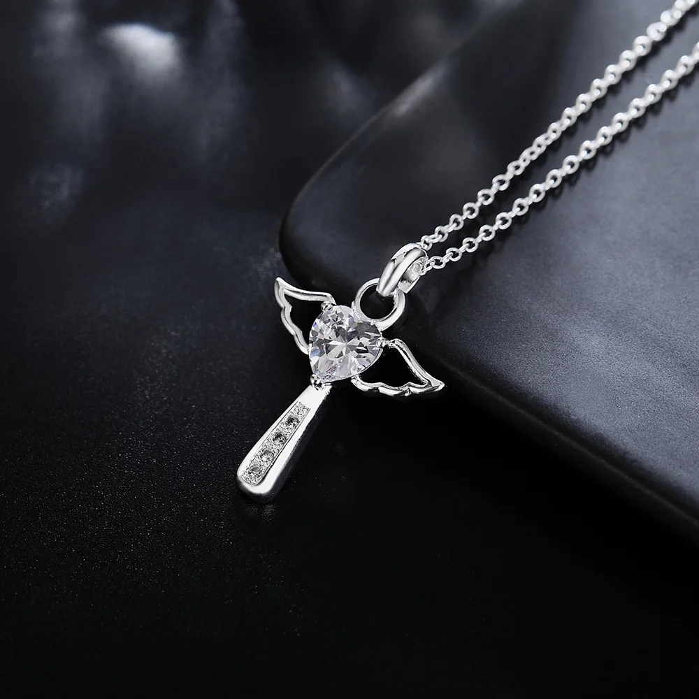 

Fashion brand 925 Sterling Silver Necklace For Women luxury Wedding Jewelry angel crystal cross pendants chain neckalce