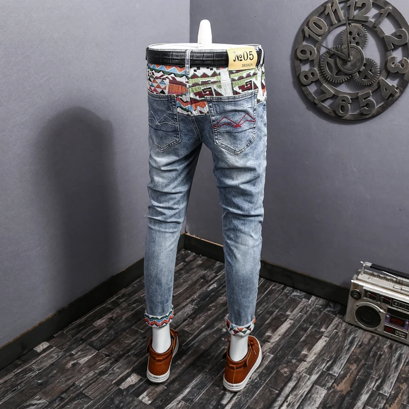 

Spring New Sle Men's Embroidered Nine-Piece Jeans Trendy Brand Printed Splicing Hole Korean Version Elastic Slim Fit Pants