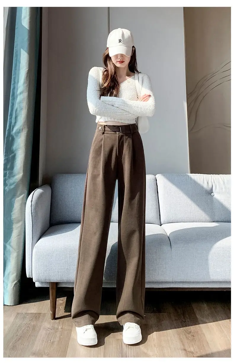 Brown Woolen High-end Suit Pants for Women in Autumn and Winter 2023 New Narrow Version Straight Wide-leg Pants with Drape