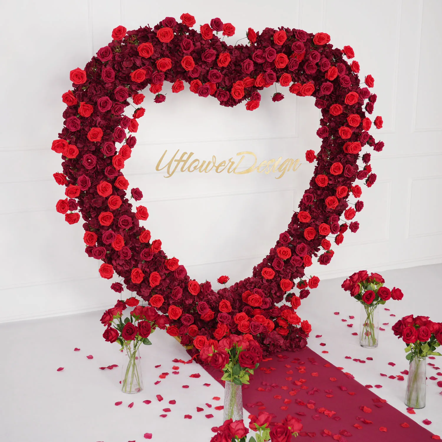 Uflower Heart-Shaped Frame Arch Wedding Backdrop Decor Luxury Red Rose Floral Arrangement Cloth Base Wdding Dcorations items