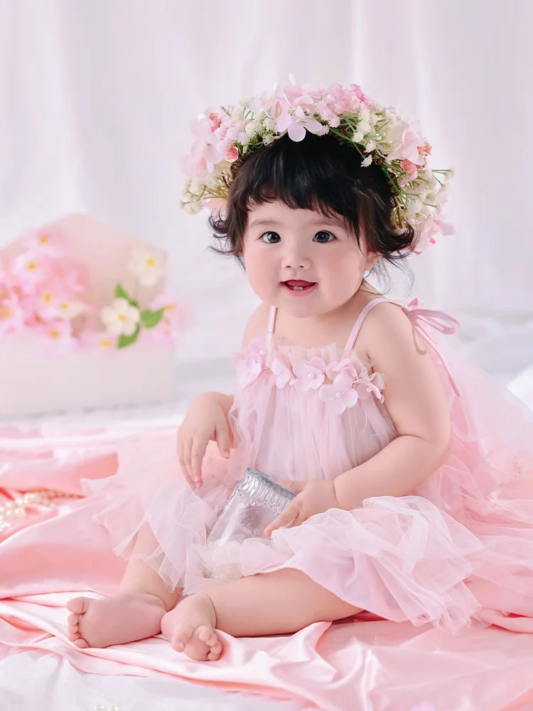 Infant 1st Birthday Milestone Photography Outfit Flower Crown+pink Mesh Sling Dresses Sweet Fairy Style Photoshoot Clothing Set