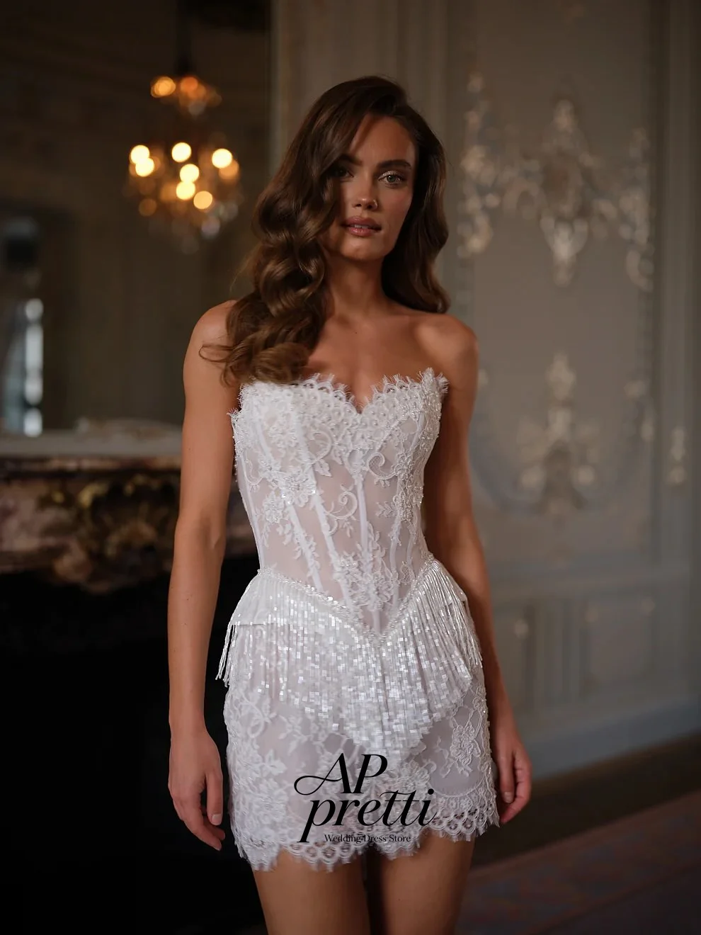 AP Pretti Ivory Lace Mini Wedding Dresses Sweetheart Customized Sheath Sleeveless Mini-Length Short Bridal Gown Party Weddings