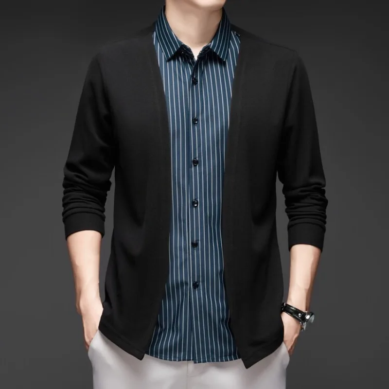 

Мужские две поддельные классические рубашки, эластичная футболка с длинным рукавом, рубашка поло, повседневные вязаные свитера, деловое качество, осенняя одежда в корейском стиле