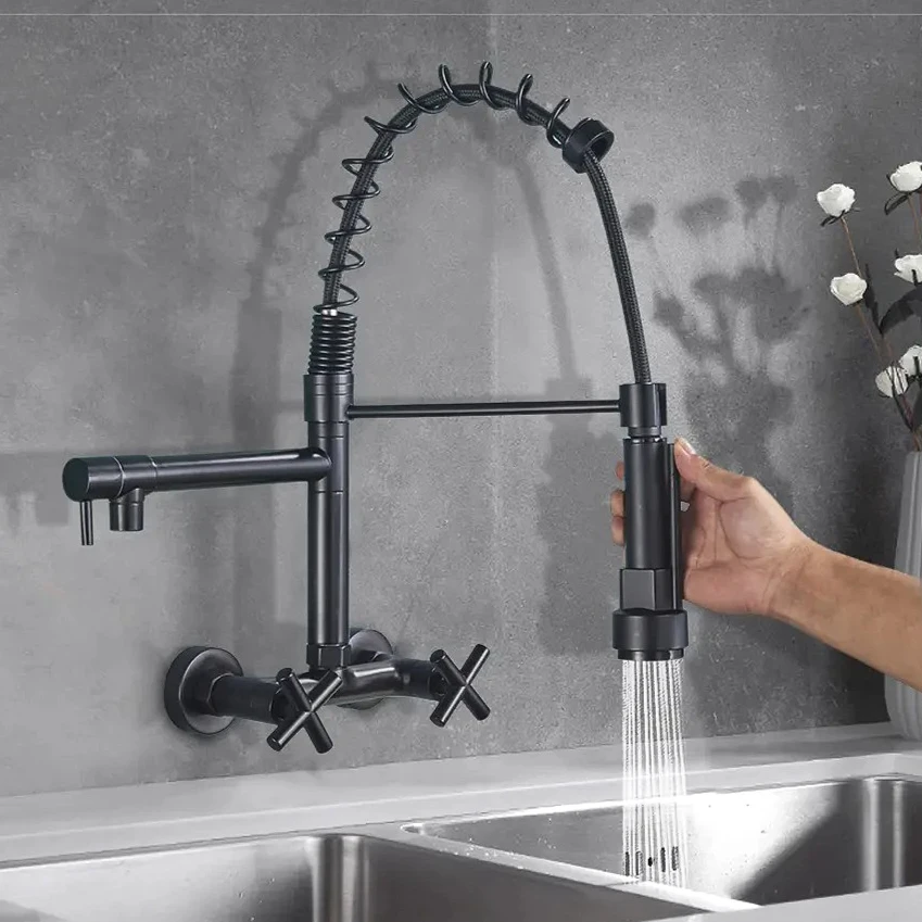 

Выдвижной кухонный смеситель, настенный пружинный смеситель для горячей и холодной воды, двойные изливки, кухонный кран, смесители для раковины с двойным отверстием, смесители