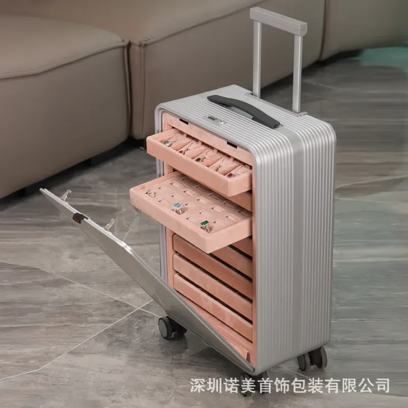 for Jewelry Box 20 Inch Aluminum Alloy Large Capacity Trolley Case with Lock Luxury Ring Necklace Display Storage for Travel