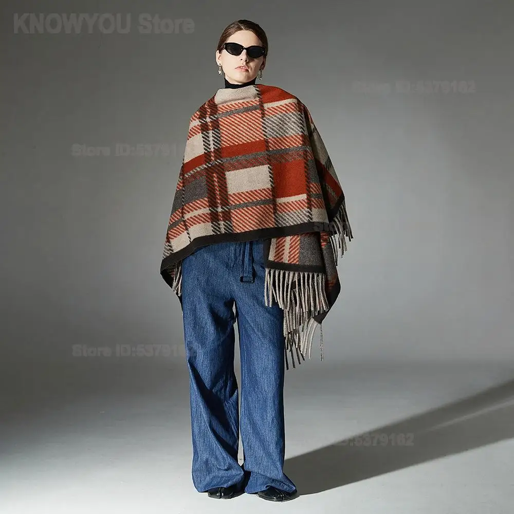 Women European Style New Spring Autumn Winter Camel Color Plaid Shawl Poncho with Tassel Decor Loose Fashion Shoulder Wrap