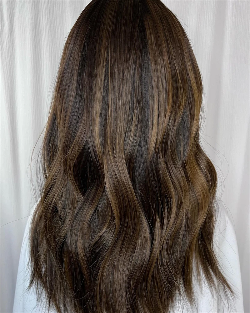 New European Hair Highlights Syntheic Wig Loose Wave Cool Brunette Natural Hairline Lace Wig High Heat Fibre Women Wigs Wear Go