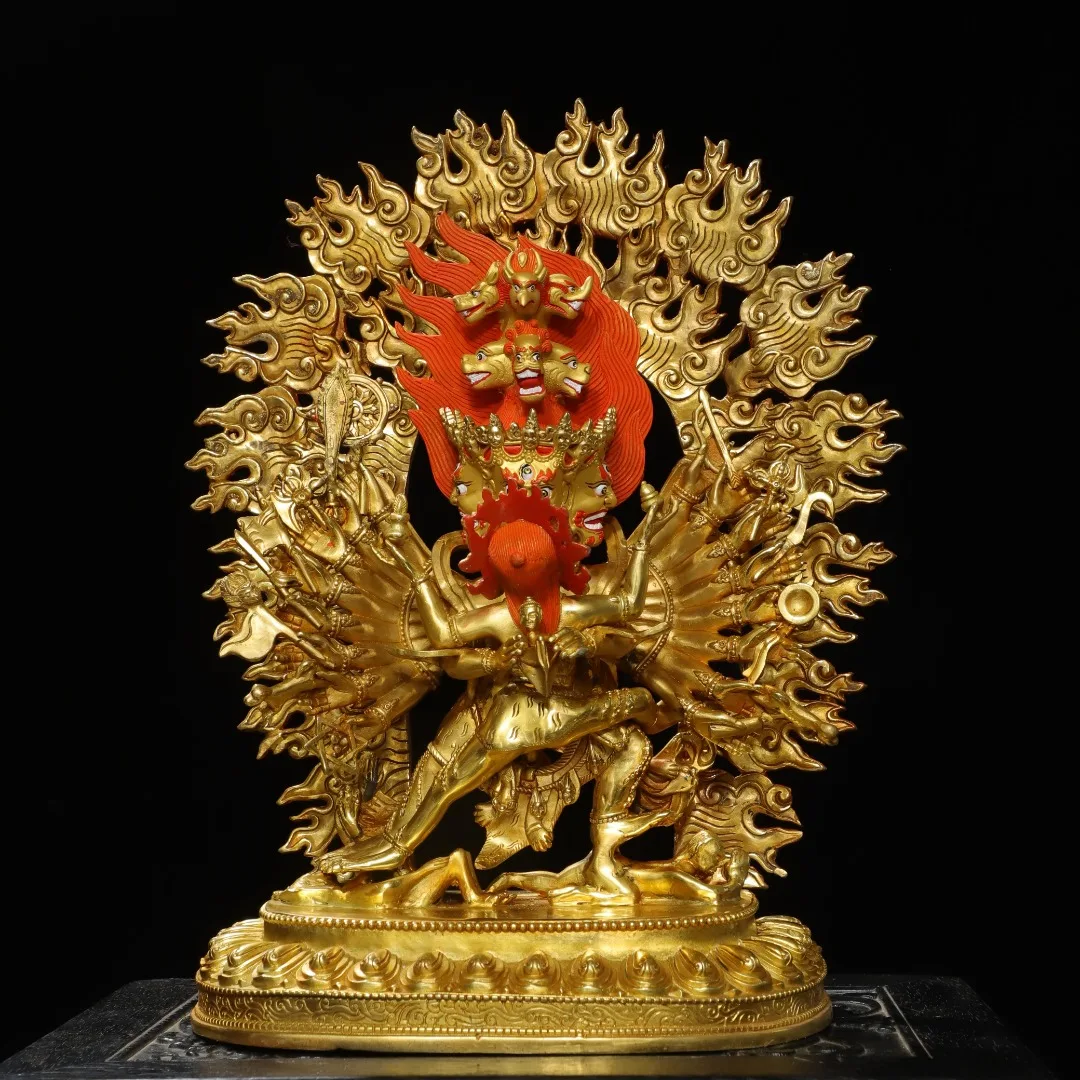 Old Bronze Gilded Painted Face Hayagriva Buddha Mahakala Backlight Sitting Buddha  Worship Hall Town house