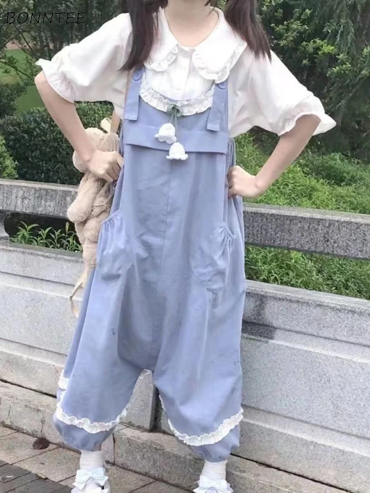 

Blue Jumpsuits Women Wide Leg Retro Fashion Y2k Japanese Style Spring Students Lovely All-match Baggy Leisure Girls Trendy Daily
