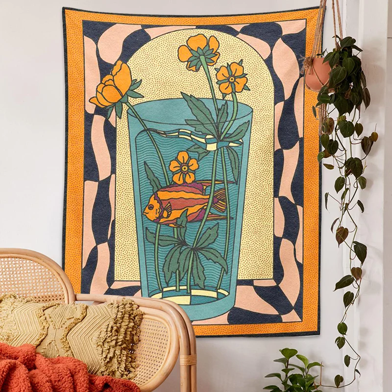 1pc of Vintage-Style Tapestry Wall Art Featuring a Psychedelic Vase with Goldfish And Flowers, Designed As a Minimalist Bohemian