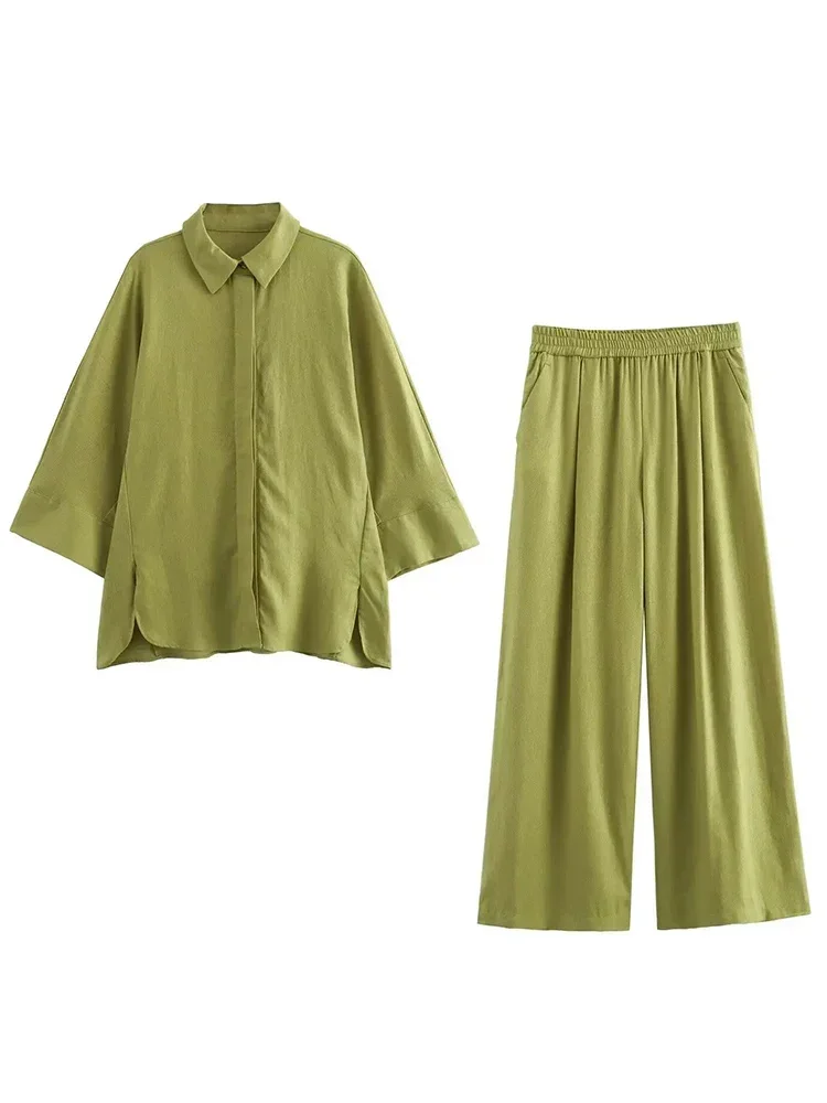 

Fashion Loose Thin Linen Shirt Women's Elastic Straight Leg Pants Two-Piece Setspring Women Casual Wide Leg Pants Set Korean