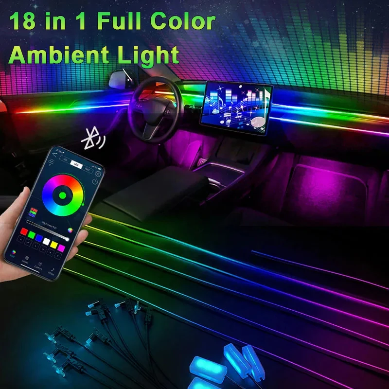 18 In 1 Full Color Streamer Car Ambient Lights RGB 64 Color Universal LED Interior Hidden Acrylic Strip Symphony Atmosphere Lamp