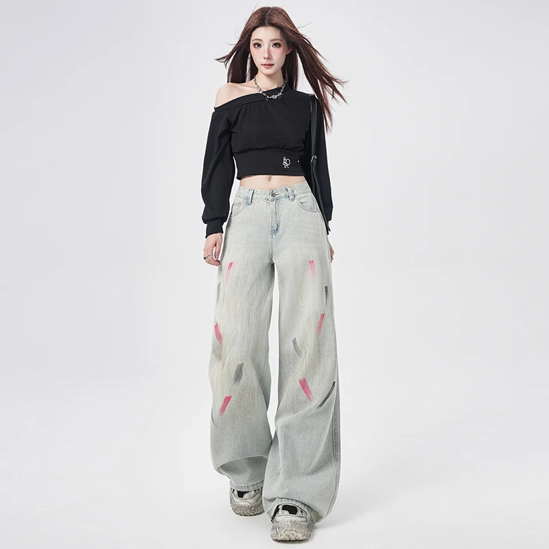 Womens Jeans Loose Fit Personality Distressed Denim Pants Spring 2026 New Arrival Flare Trousers Retro Fashion Wide Leg