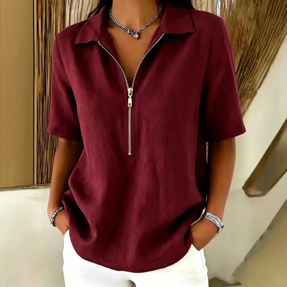 

Women Tops Lapel Zipper Half Placket Short Sleeve Pullover Tops Pure Color Casual Blouse Parties Vacations Women Shirt Tops