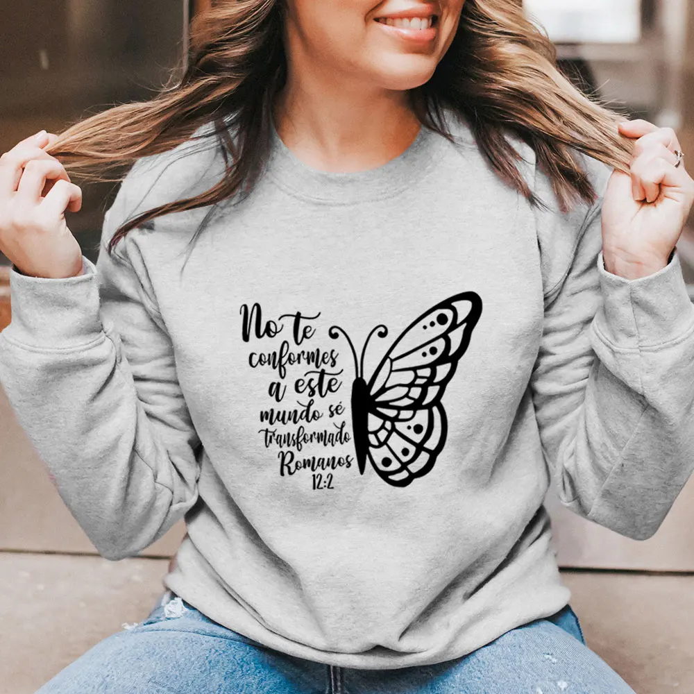 No Te Conformes Butterfly Print Spanish Sweatshirt 100%Cotton Women Sweatshirt Women Spring Casual Long Sleeve Top Gift for Her